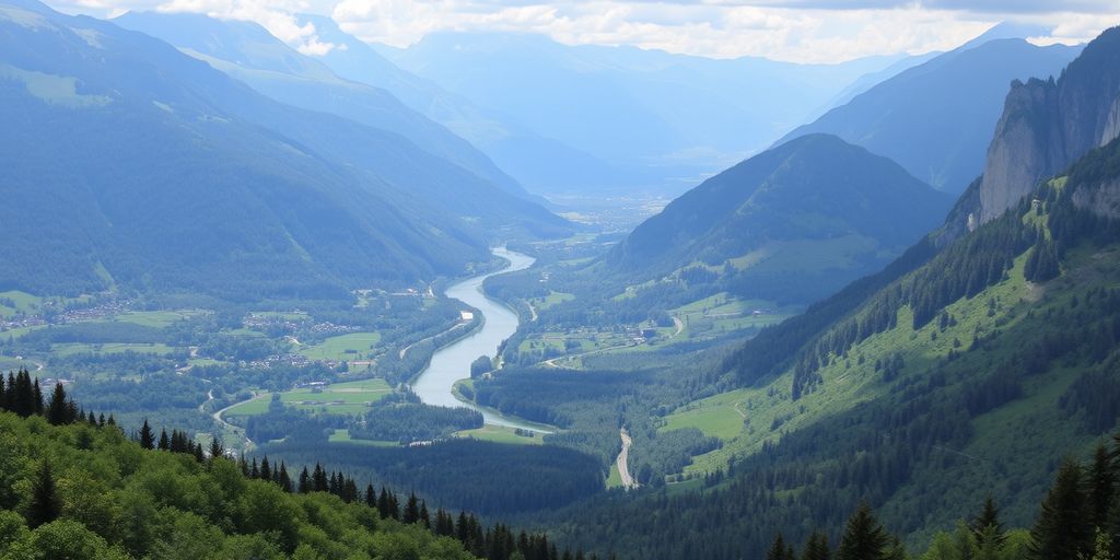 Paesaggio verde di Ticino con montagne e fiumi