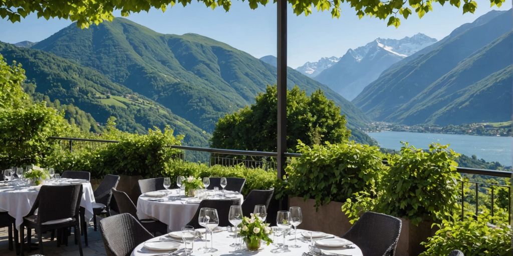 Ristorante all'aperto con vista montagna