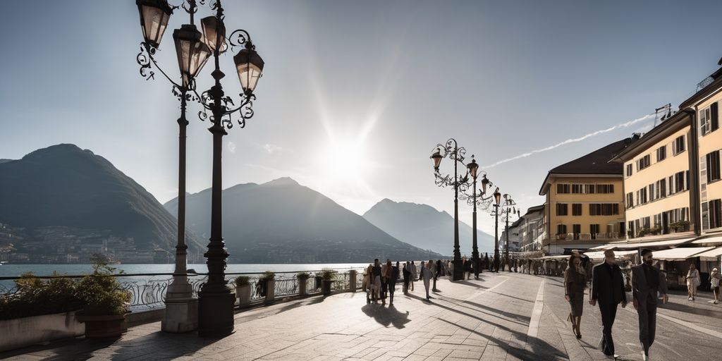 Strada commerciale di Lugano con negozi e montagne.