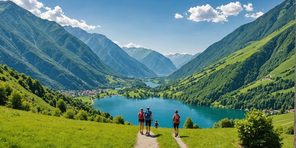 Famiglia che cammina in Ticino con montagne e lago