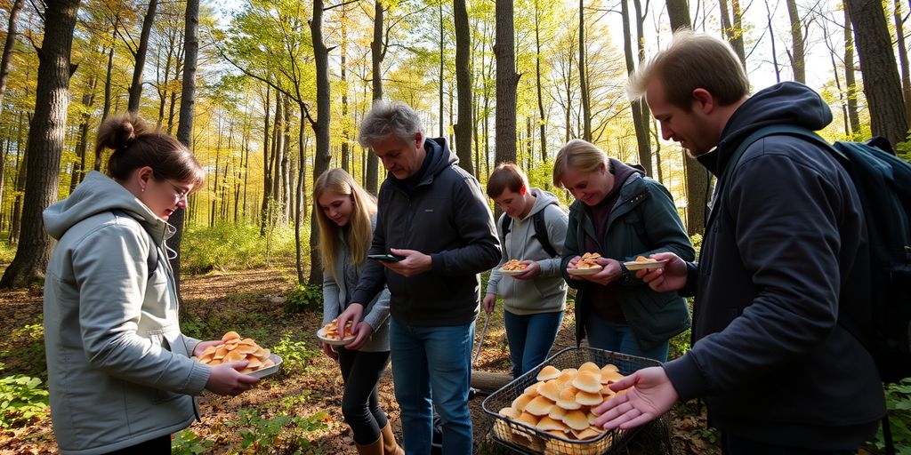 Raccolta di funghi in una foresta autunnale