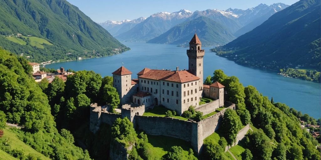 Castello storico in Ticino con montagne