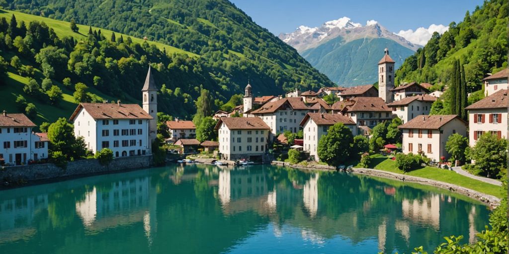 Paesaggio sereno con montagne e lago in Ticino