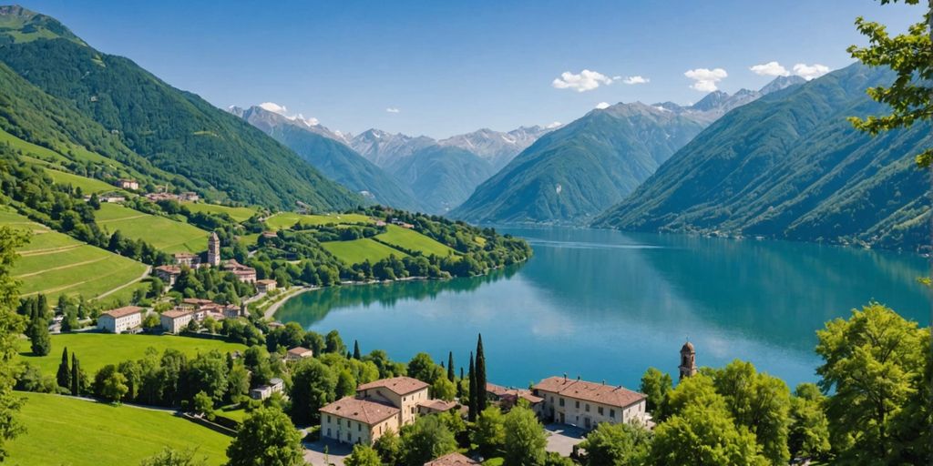 Paesaggio di Ticino con laghi e architettura storica